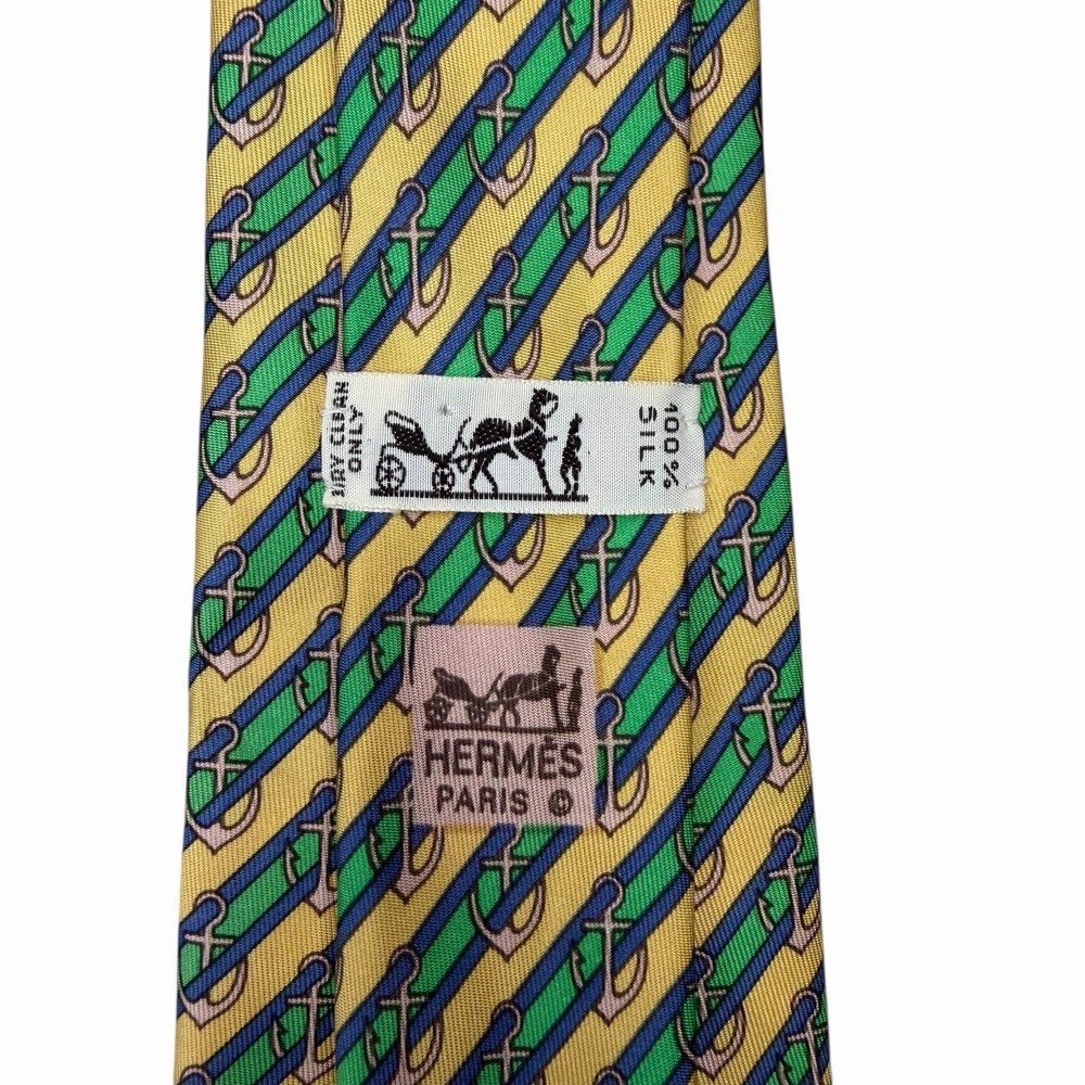Hermes Tie Nautical Anchors Striped Yellow/Blue/Green Silk 7027 TA 3.5" x 56.25"
